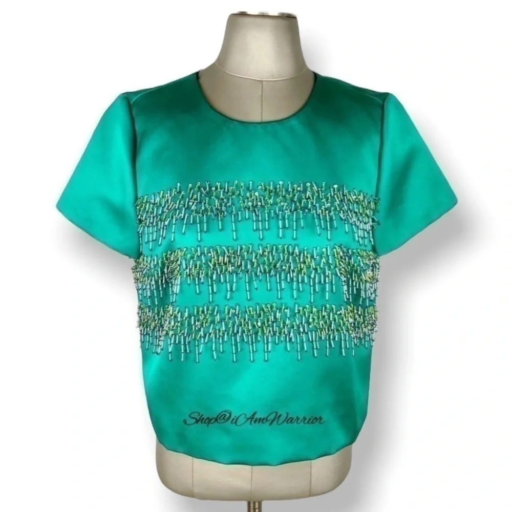 J.Crew Collection NWT Beaded Satin Top Teal Emerald Green Crystal Embellished